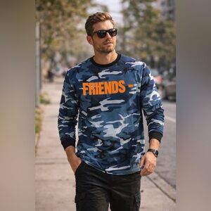 VLONE Blue Camo FRIENDS Long Sleeves Mens Shirt Size XL Blue Orange